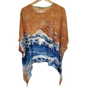 Women's Jade Boho Blouse. Brown w/ Blue Wave. Oversized and Flowy. S/M